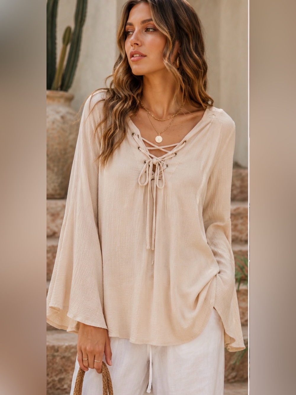 KORI‎ Crochet Back Lace Up Boho Tunic Bell Sleeve Top NWT Small